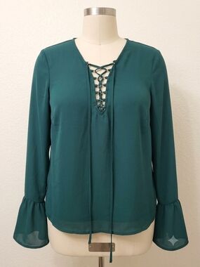 Forever 21 Teal Lace-Up V-Neck Bell Sleeve Blouse